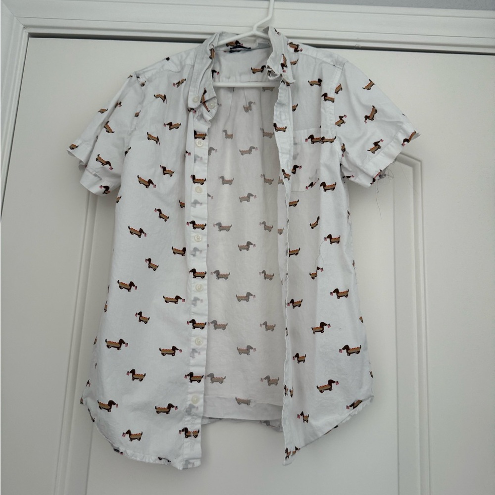 Janie and Jack White Cotton Short-Sleeve Dachshund Hot Dog Print Shirt Sz 12